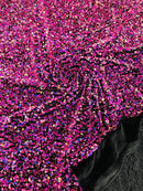 Stretch Velvet Sequins Fabric - Fuchsia / Lilac on Black - Velvet Sequins 2 Way Stretch 58/60” By Yard