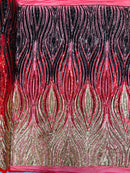 Multi-Color Fabric - Gold / Red / Black - Feather Shape Sequins Fabric Sold By Yard