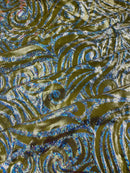 Tribal Swirl Spandex Fabric - Gold / Silver - Hologram Metallic 4-Way Stretch Milliskin Fabric by Yard