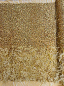 Feather Sequin Velvet Fabric - Gold - 5mm Sequins Velvet 2 Way Stretch 58/60" Fabric By Yard