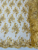 Beaded Flower Sequins Fabric - Gold - Embroidered Beaded Floral Clusters Sequins Fabric By Yard