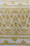 Beaded My Lady Damask Design - Gold - Beaded Fancy Damask Embroidered Fabric By Yard