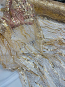 Wavy Design Beaded Fabric - Gold - Beaded Wavy Leaf Embroidered Fabric By Yard