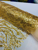 Floral Beaded Wavy Fabric - Gold - Beaded Sequins Wavy Embroidered Fabric Sold By Yard