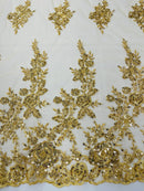 Beaded Rose Flower Fabric - Gold - Embroidered Beaded Long Border Floral Fabric By Yard