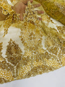 Heavy Bead Floral Fabric - Gold - Beaded Flower Design Fabric Fancy Border By Yard