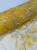 3D Tulle Flower Bead Fabric - Gold - Mesh Flower Plant Design with Beads By Yard