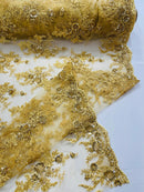 Beaded Flower Sequins Fabric - Gold - Embroidered Beaded Floral Clusters Sequins Fabric By Yard