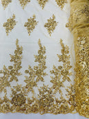 Beaded Rose Flower Fabric - Gold - Embroidered Beaded Long Border Floral Fabric By Yard