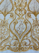 Damask Leaf Bead Fabric - Gold - Heavy Beaded Embroidered Sequins Lace Fabric by Yard