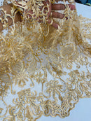 Damask Rhinestone Fabric - Gold - Beaded Embroidery Corded Lace Fabric Sold by Yard