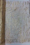 Wavy Design Beaded Fabric - Gold - Beaded Wavy Leaf Embroidered Fabric By Yard