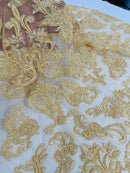 Beaded My Lady Damask Design - Gold - Beaded Fancy Damask Embroidered Fabric By Yard