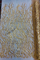 Floral Beaded Wavy Fabric - Gold - Beaded Sequins Wavy Embroidered Fabric Sold By Yard