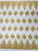 Corded Floral 3D Fabric - Gold - Embroidered Floral Design on Lace Mesh Fabric by Yard