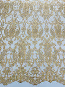 Damask Rhinestone Fabric - Gold - Beaded Embroidery Corded Lace Fabric Sold by Yard