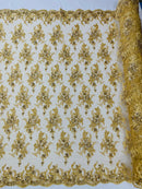 Beaded Flower Sequins Fabric - Gold - Embroidered Beaded Floral Clusters Sequins Fabric By Yard