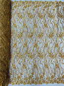 Small Flower Bead Fabric - Gold - Beaded Flower Fabric with Curled Lines Design By Yard