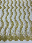 Mermaid Stripe Bead Design - Gold - Embroidered Beaded Mermaid Theme Mesh Fabric by Yard