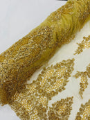 Heavy Bead Floral Fabric - Gold - Beaded Flower Design Fabric Fancy Border By Yard