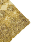 Corded Floral 3D Fabric - Gold - Embroidered Floral Design on Lace Mesh Fabric by Yard