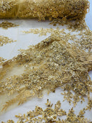 Beaded Rose Flower Fabric - Gold - Embroidered Beaded Long Border Floral Fabric By Yard