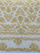 Beaded My Lady Damask Design - Gold - Beaded Fancy Damask Embroidered Fabric By Yard