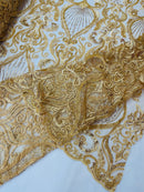 Damask Leaf Bead Fabric - Gold - Heavy Beaded Embroidered Sequins Lace Fabric by Yard