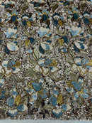 Orchid Design Sequins - Gold - 4 Way Stretch Full Sequins Floral Design Mesh Fabric By Yard