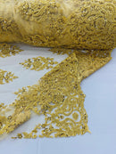 Floral Bead Embroidery Fabric - Gold - Damask Floral Bead Bridal Lace Fabric by the yard