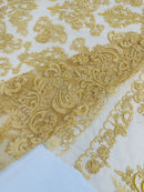 Beaded My Lady Damask Design - Gold - Beaded Fancy Damask Embroidered Fabric By Yard