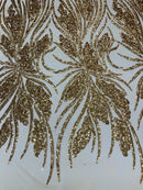 Wavy Leaf Sequins Fabric - Gold - Wavy Lines and Leaves Design on Lace Mesh Fabric by Yard