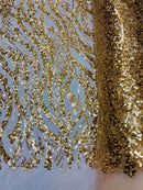 Floral Beaded Wavy Fabric - Gold - Beaded Sequins Wavy Embroidered Fabric Sold By Yard
