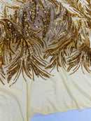 Leaf Design Stretch Sequins - Gold - 4 Way Stretch Lace Mesh Sequins Fabric by Yard