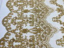Damask Bead Fabric - Gold - Embroidered Glamorous Fabric with Round Beads Sold By Yard