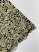 Fancy Damask Lace Fabric - Gold on Black - Embroidered Damask Design Mesh on Lace Fabric by Yard