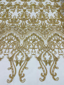 Damask Bead Fabric - Gold - Embroidered Glamorous Fabric with Round Beads Sold By Yard