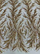 Leaf Design Stretch Sequins - Gold - 4 Way Stretch Lace Mesh Sequins Fabric by Yard