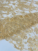 Damask Rhinestone Fabric - Gold - Beaded Embroidery Corded Lace Fabric Sold by Yard