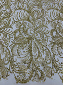 Glitter Palm Leaf Design Fabric - Gold - Tulle Mesh Glitter Leaf Design Fabric Sold By Yard