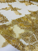 Heavy Bead Floral Fabric - Gold - Beaded Flower Design Fabric Fancy Border By Yard