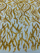 Wavy Leaf / Floral Bead Fabric - Gold - Beaded Rhinestone Embroidered on a Mesh By Yard