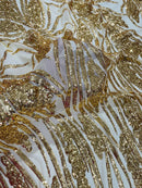 Wavy Leaf Sequins Fabric - Gold - Wavy Lines and Leaves Design on Lace Mesh Fabric by Yard