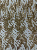 Wavy Leaf Sequins Fabric - Gold - Wavy Lines and Leaves Design on Lace Mesh Fabric by Yard