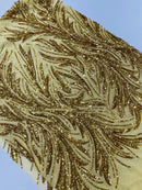 Leaf Design Stretch Sequins - Gold - 4 Way Stretch Lace Mesh Sequins Fabric by Yard