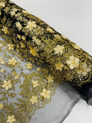 3D Flower Glitter Fabric - Gold on Black - Floral Glitter Sequin Design on Lace Mesh Fabric by Yard