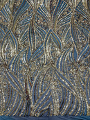 Curvy Line Design Fabric - Gold on Black - 4 Way Stretch Sequins Design Mesh Lace Fabric by Yard