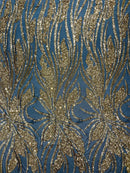 Wavy Leaf Sequins Fabric - Gold on Black - Wavy Lines and Leaves Design on Lace Mesh Fabric by Yard
