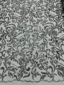 Beaded Flower Leaf Fabric - Gray - Shiny Beads and Sequins in Flower Design on Lace by Yard