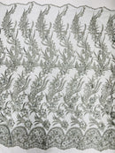 3D Floral Leaf Panels - Gray - Embroidered 3D Flower Lines with Pearls on Lace By Yard